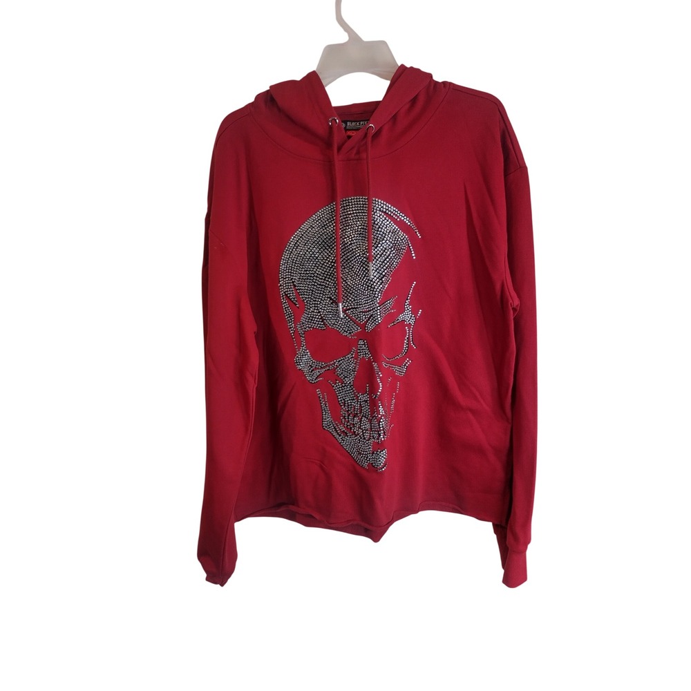 Black Pike Red Rhinestone Skull Hoodie Raw Hem Cropped Pullover Sweatshirt L